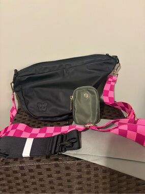 CITYMOUSE Black Crossbody Bag with Pink Check Strap, Black Strap and Green Pouch